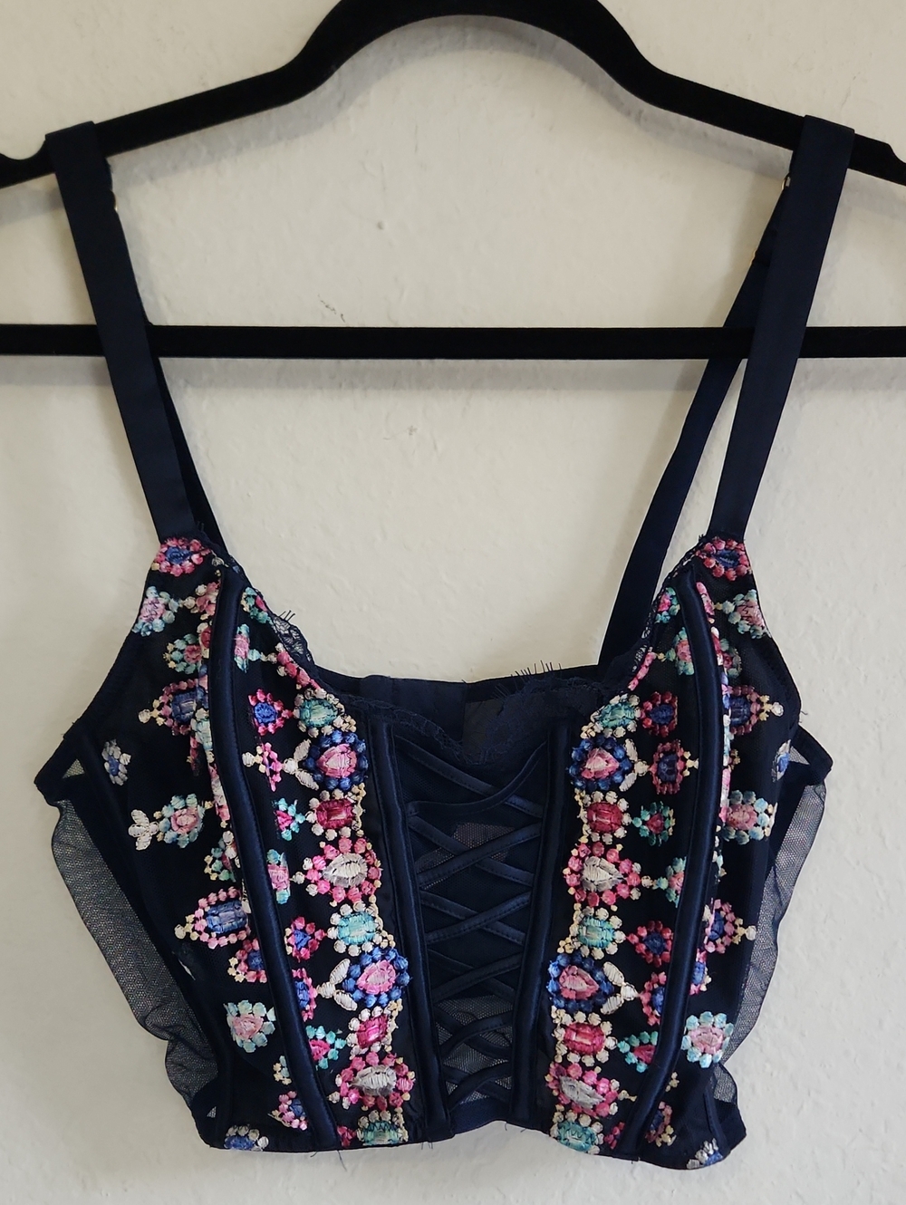 Victoria's Secret Jeweled Embroidered Corset Top Bustier Navy M Y2k Coquette